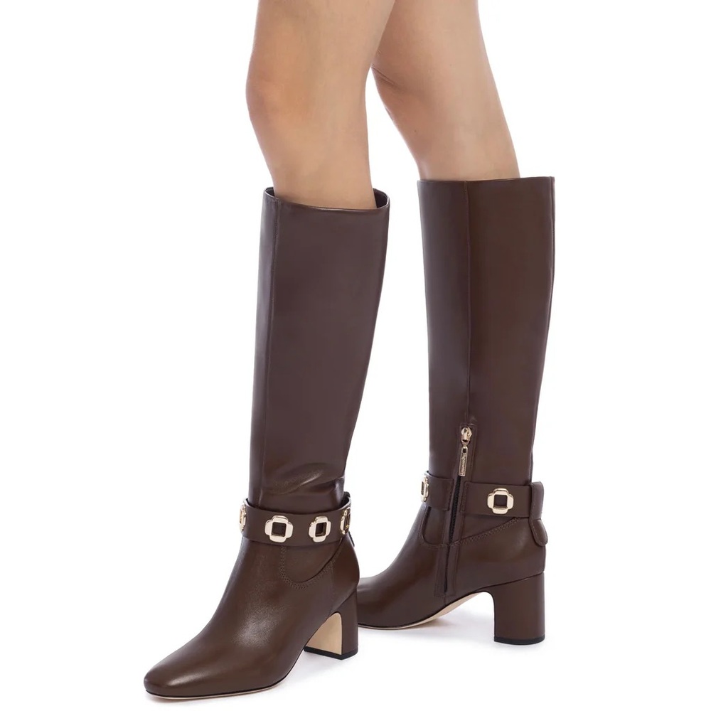 Larroudé Milan Knee High Block Boots Cognac Brown Leather Size 7 NWOB $530